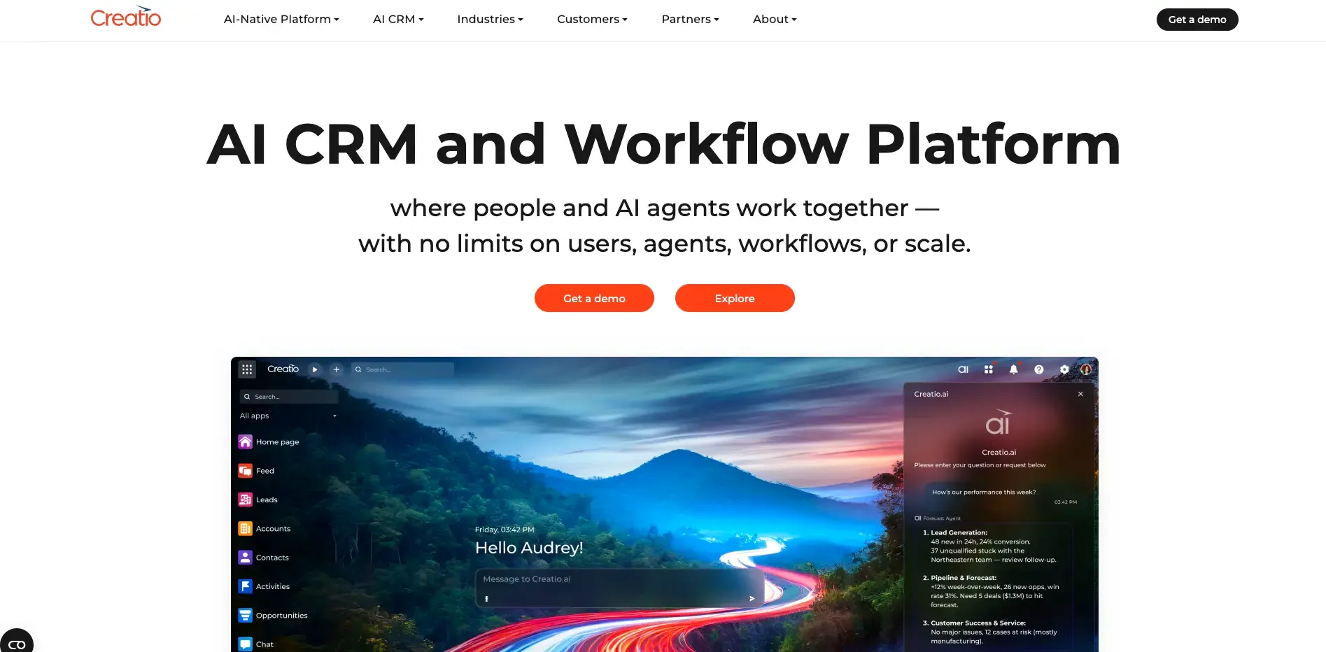 Creatio's home page which determine their business